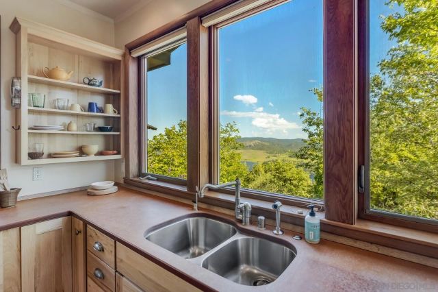 a view of a swimming pool with a yard and plants