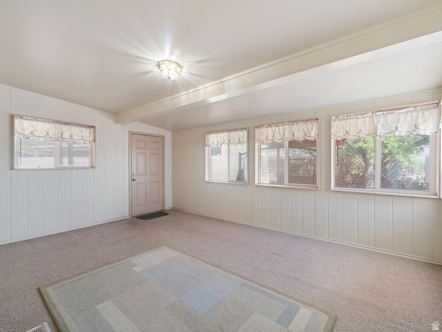 3941 West 40 North Hurricane, UT 84737 - Photo 34 of 55 Room featuring light-toned carpeting, vertical plank wall paneling, a paneled entry door, and multiple windows