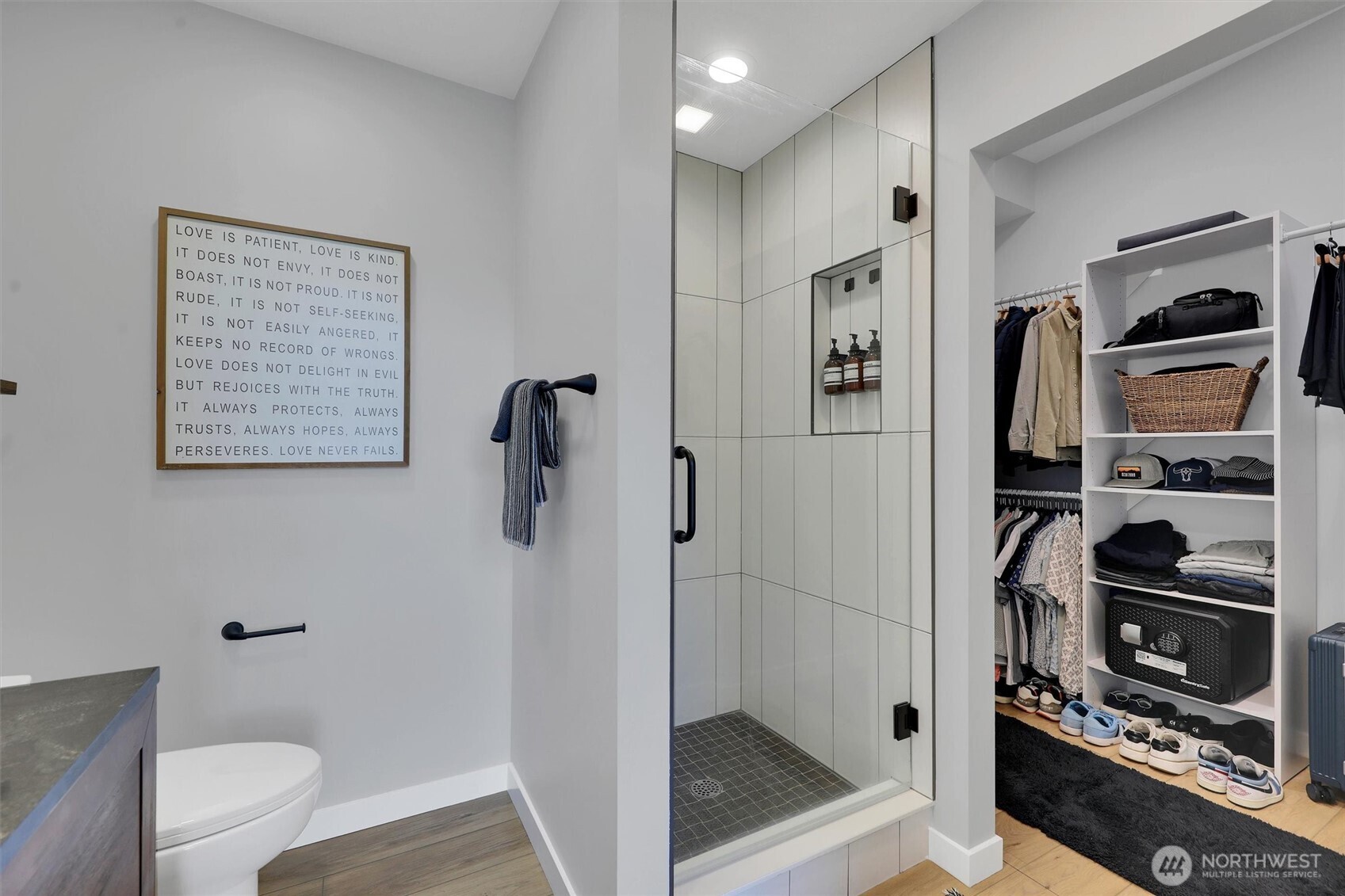 4902 Weber Road Snohomish, WA 98290 - Photo 23 of 40 a bathroom with a walk in shower and a toilet