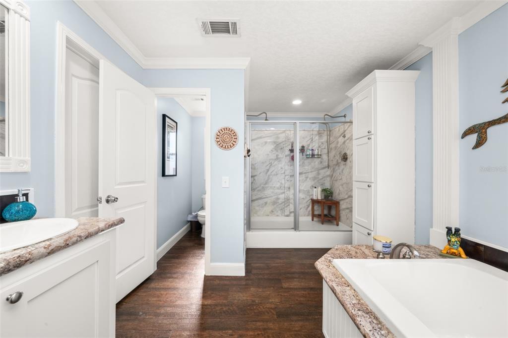 15405 Old Parker Island Road Lake Placid, FL 33852 - Photo 14 of 39 a spacious bathroom with a granite countertop tub sink and mirror