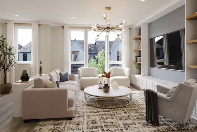 a living room with fireplace furniture and a chandelier