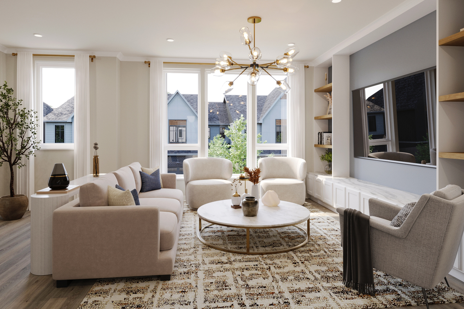 2130 Iron Ridge Lane Naperville, IL 60563 - Photo 7 of 14 a living room with fireplace furniture and a chandelier