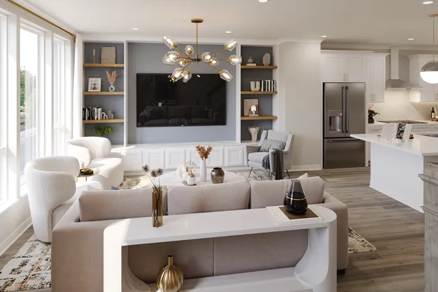 a living room with furniture and a chandelier