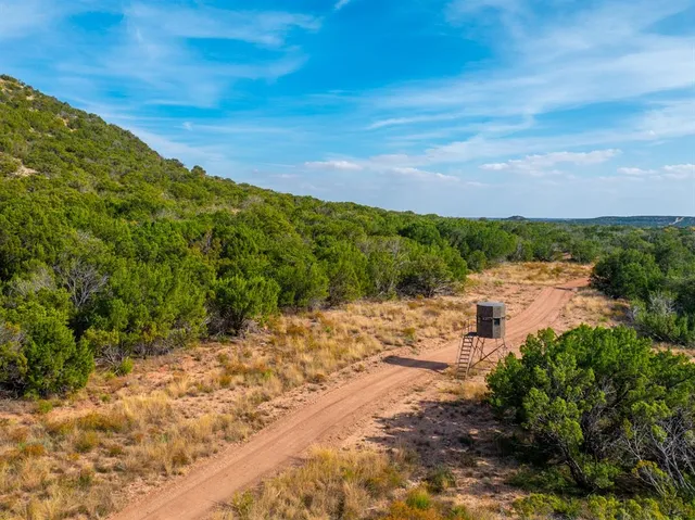 a view of a yard and mountains in the background