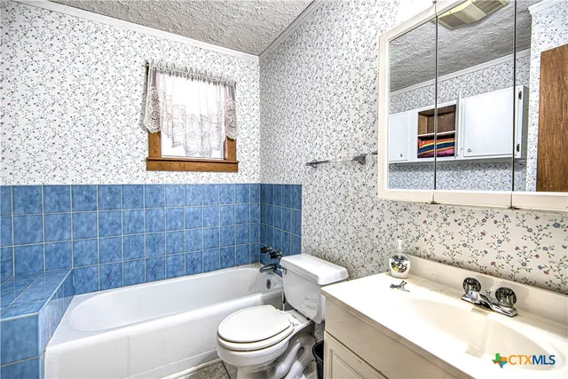 a bathroom with a sink a toilet and bathtub