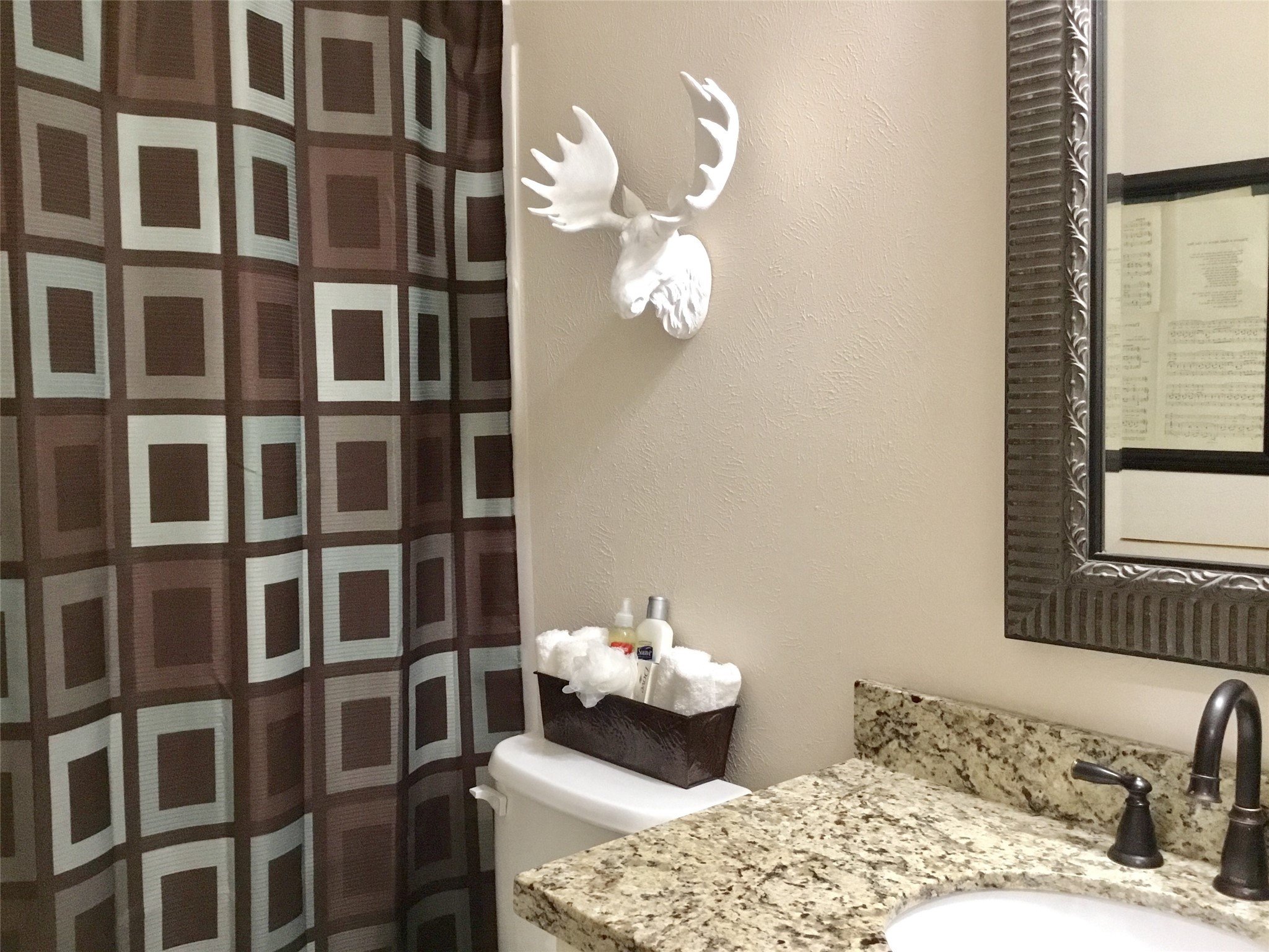 3 North Spiral Vine Circle Spring, TX 77381 - Photo 33 of 41 This bathroom features a modern design with a granite countertop, a stylish framed mirror, and a decorative moose head wall accent. The shower curtain has a contemporary geometric pattern, adding a touch of elegance to the space.