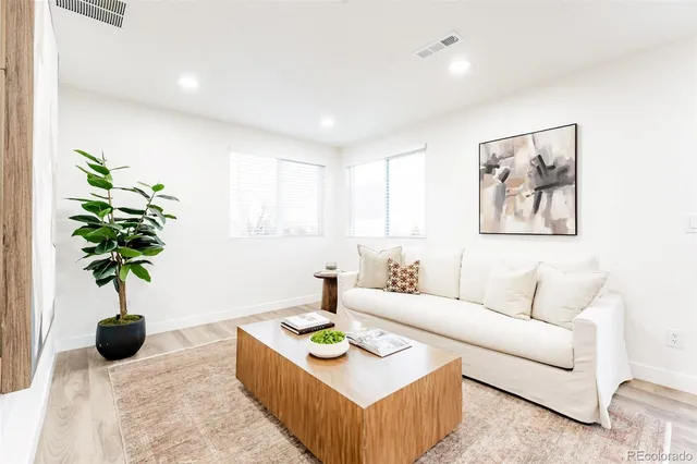 a living room with furniture and a potted plant