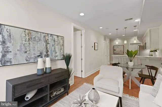 a living room with furniture a wooden floor and a potted plant