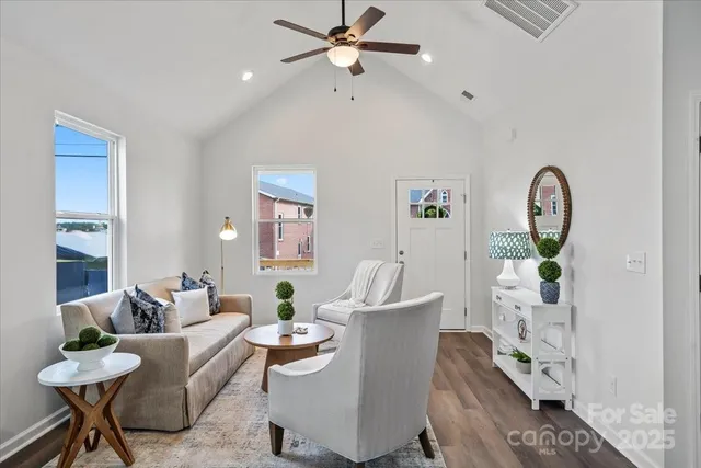 a living room with furniture a chandelier and a potted plant