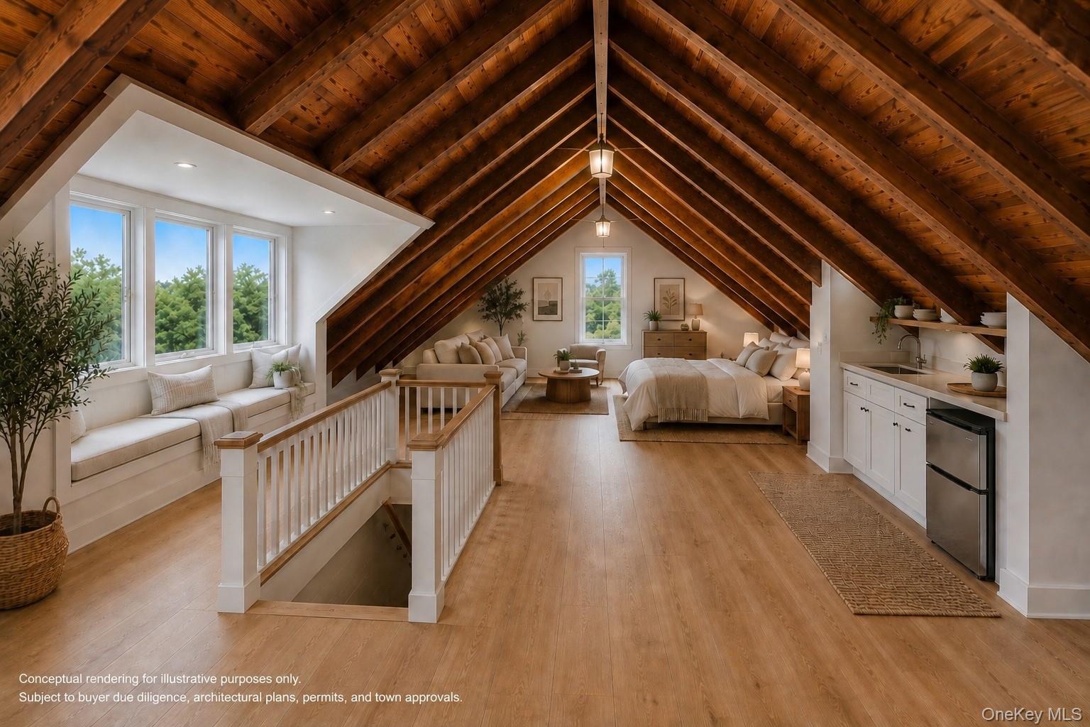 1550 Main Road Riverhead, NY 11901 - Photo 16 of 28 Expansive loft space featuring vaulted wood-plank ceilings with exposed beams, wood-finish flooring, and a built-in window seat