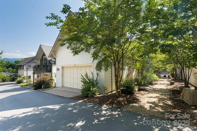 a view of a street with plants and trees