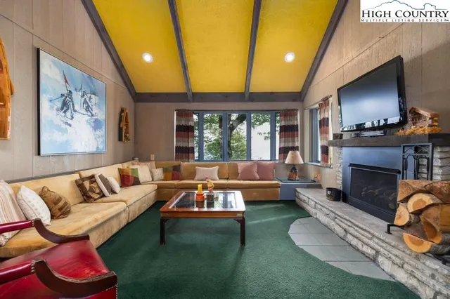 a living room with furniture a flat screen tv and a fireplace