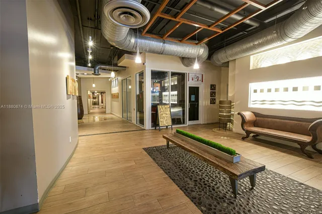 a lobby with furniture