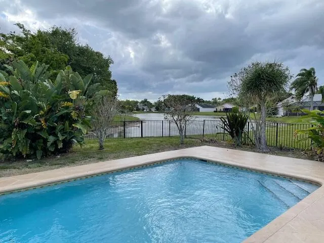 a view of swimming pool with a yard and large tree