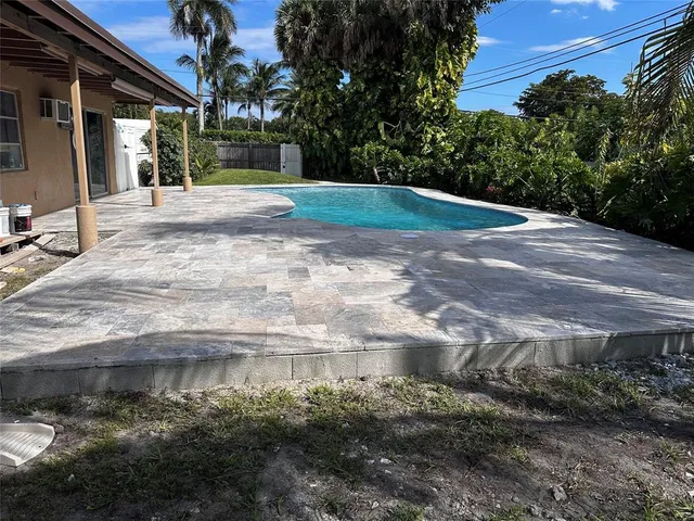 a view of a yard with plants and large trees