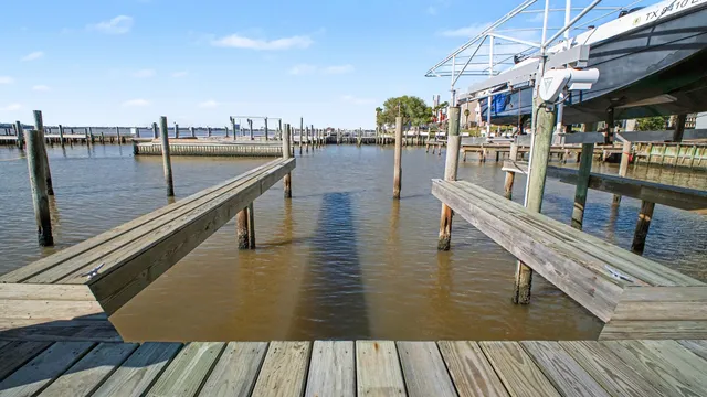 a view of a lake with a big yard and large trees
