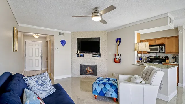 a living room with furniture a flat screen tv and a fireplace