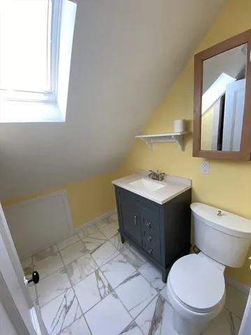 a bathroom with a toilet sink vanity and mirror