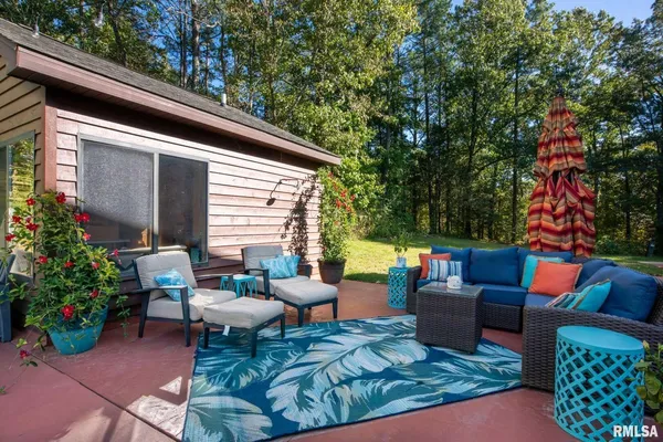 a backyard of a house with plants and tree