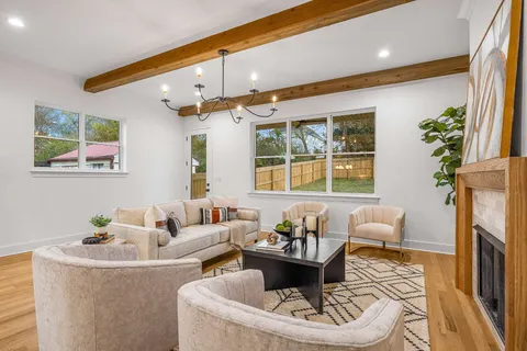 a living room with furniture a fireplace and a potted plant