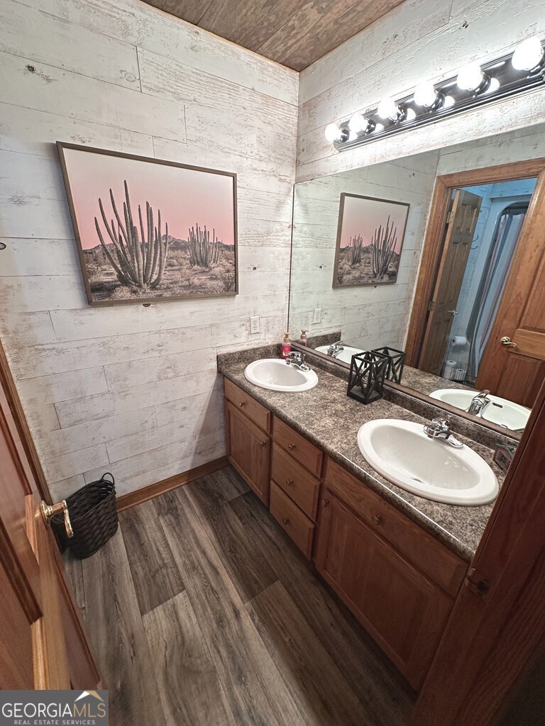 4448 Old Lake Park Road Valdosta, GA 31606 - Photo 21 of 40 a bathroom with a sink a mirror and a painting on the wall