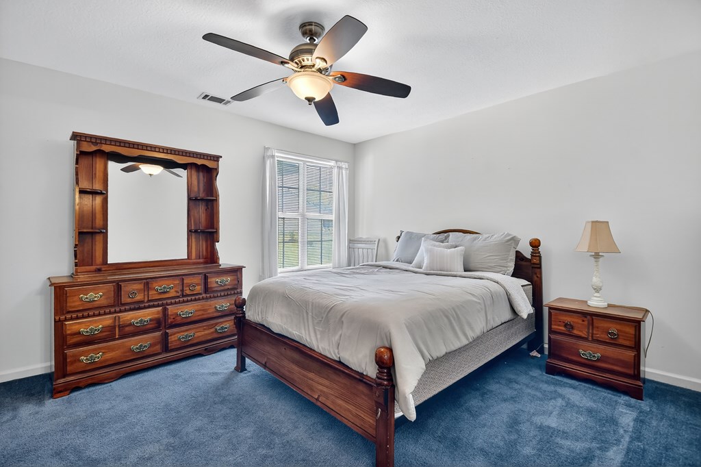 12 Sunset Court Blue Ridge, GA 30513 - Photo 16 of 23 a bedroom with a bed a dresser and a chandelier