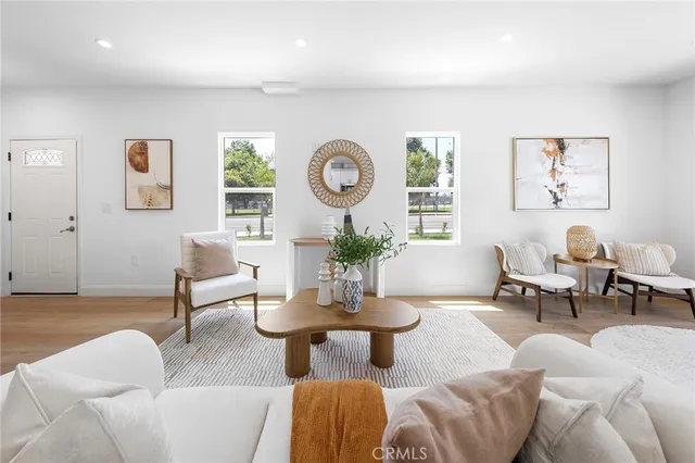 a living room with furniture and a potted plant
