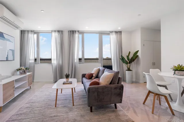 a living room with furniture and a potted plant