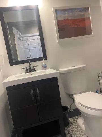 a bathroom with a sink a toilet and mirror
