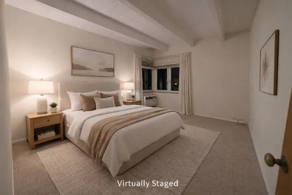 a bedroom with a bed and a night stand