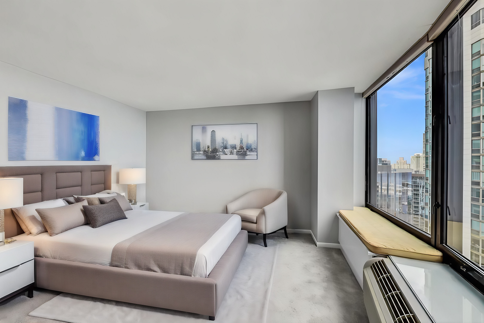 155 North Harbor Drive, Unit 4804 Chicago, IL 60601 - Photo 8 of 31 a bedroom with furniture and a large window