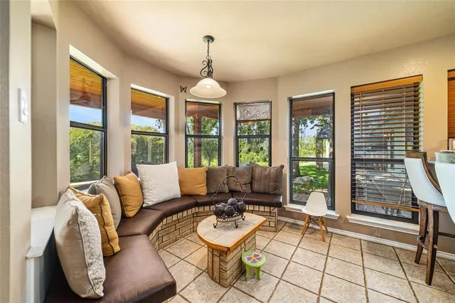 a living room with furniture and a floor to ceiling window