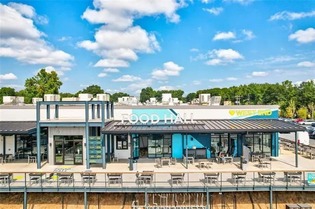 a front view of building with street