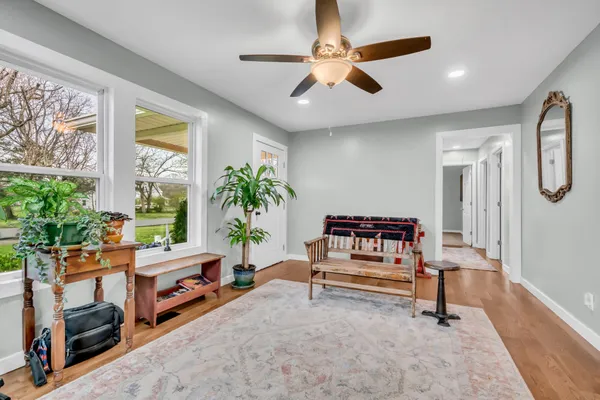 a living room with furniture and a potted plant