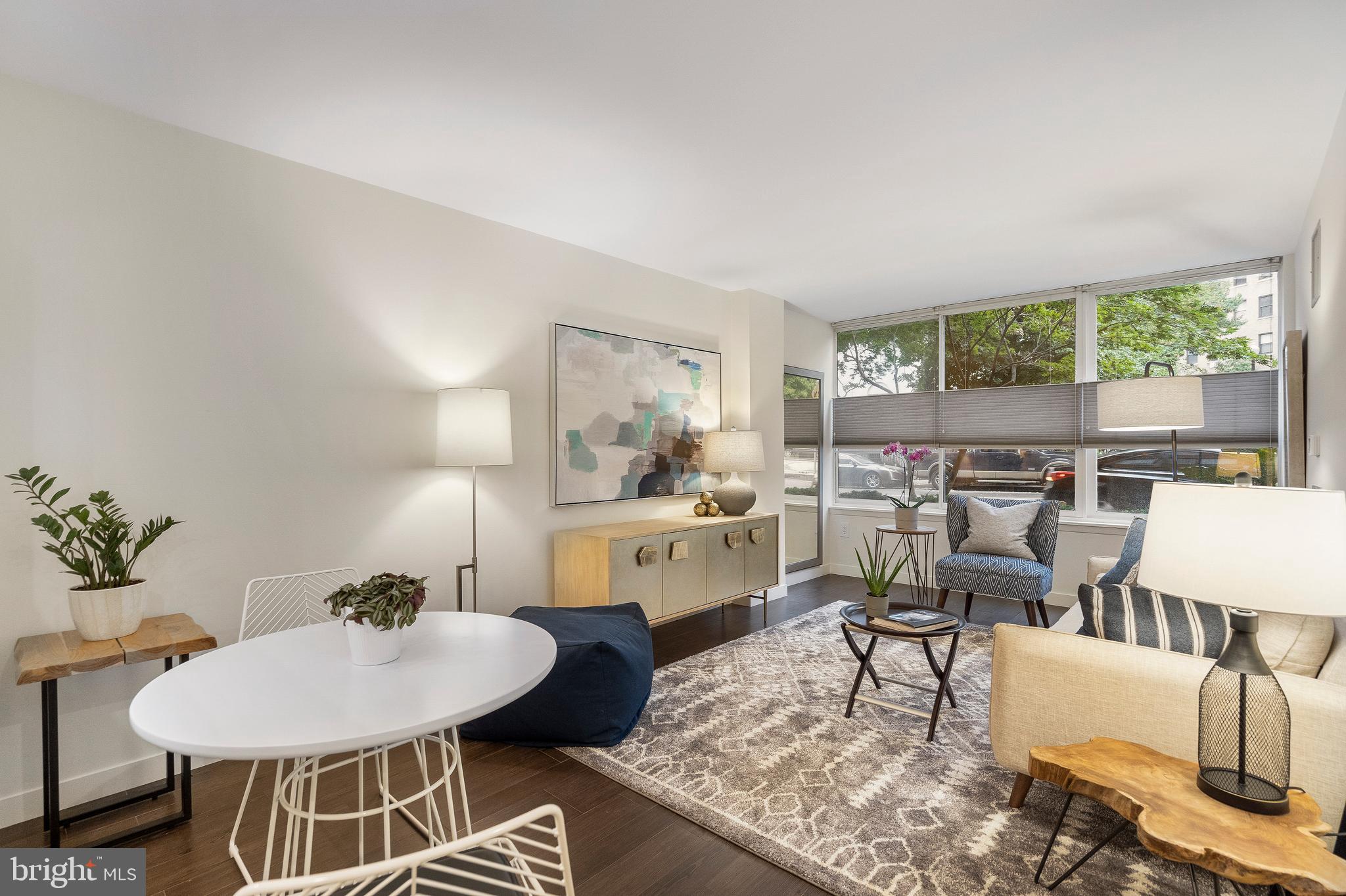 1301 20th Street Northwest, Unit 109 Washington, DC 20036 - Photo 11 of 33 a living room with furniture a rug potted plant and a large window