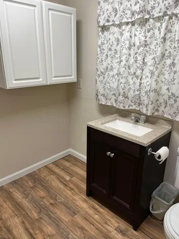 a bathroom with a sink vanity and toilet
