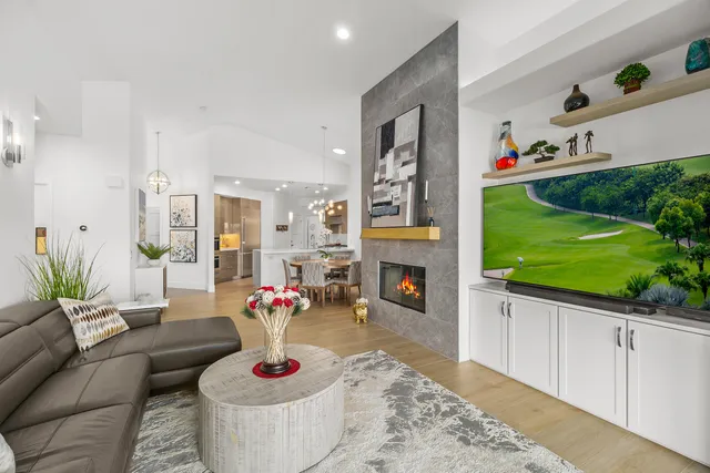 a living room with furniture a rug and a potted plant