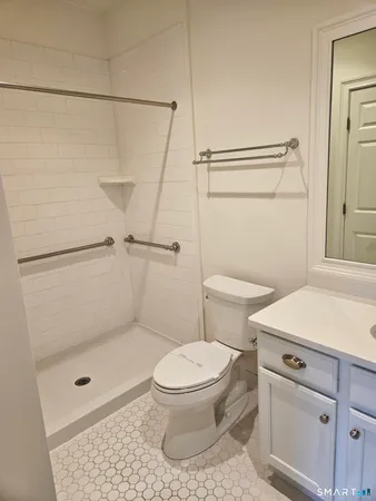 a bathroom with a shower a toilet and a sink