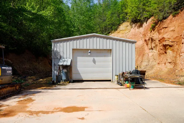 a view of a park with large trees
