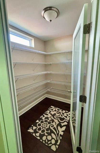 1876 Genoa Circle Howell, MI 48843 - Photo 10 of 36 Walk-in pantry featuring wire shelving, wood-finish flooring, a contemporary ceiling light fixture, and a window for natural light