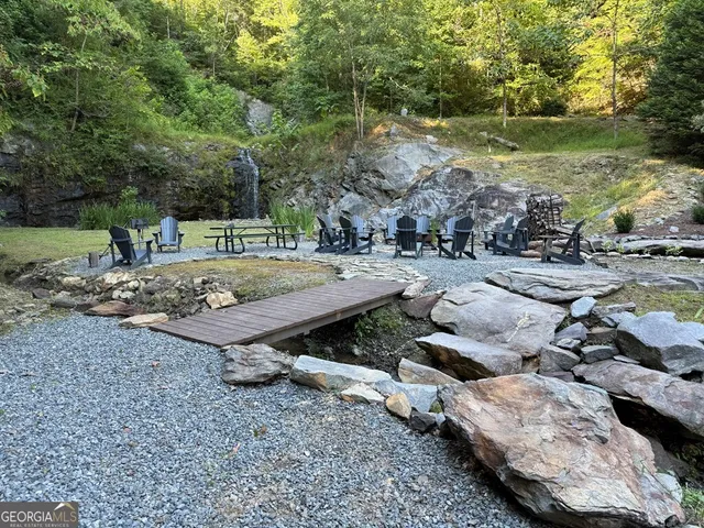 a view of a yard with plants and trees