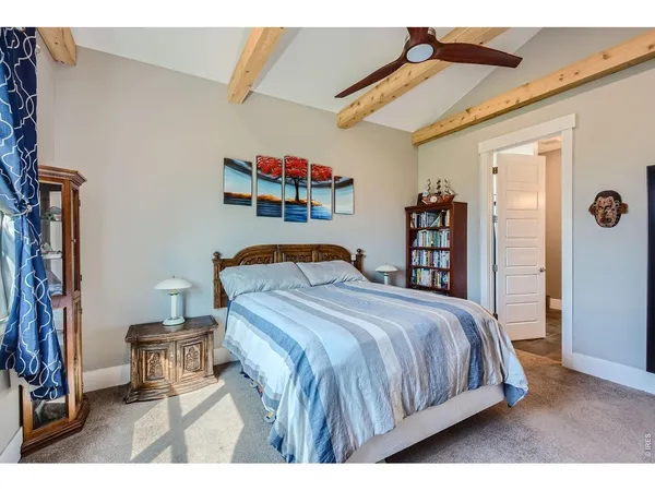 a bedroom with a bed and a book shelf