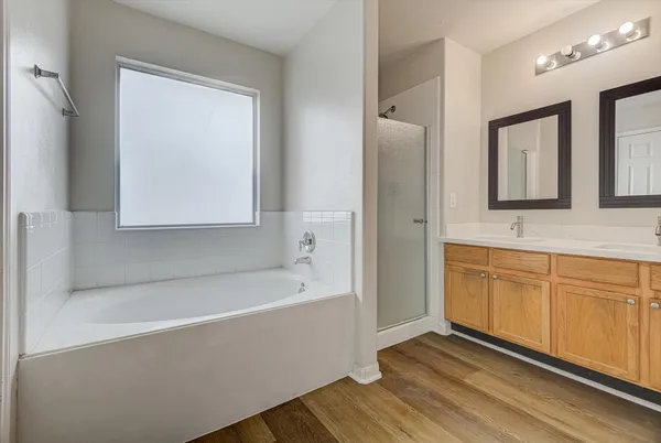 a bathroom with a tub sink and mirror