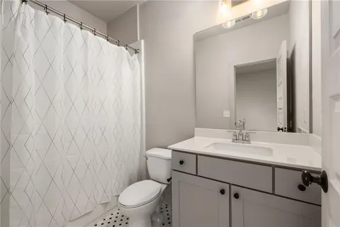 a bathroom with a sink a toilet and shower curtain