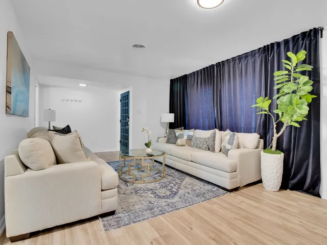 a living room with furniture and a potted plant
