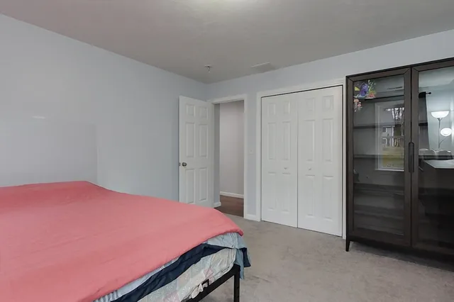 a bedroom with a bed and a closet