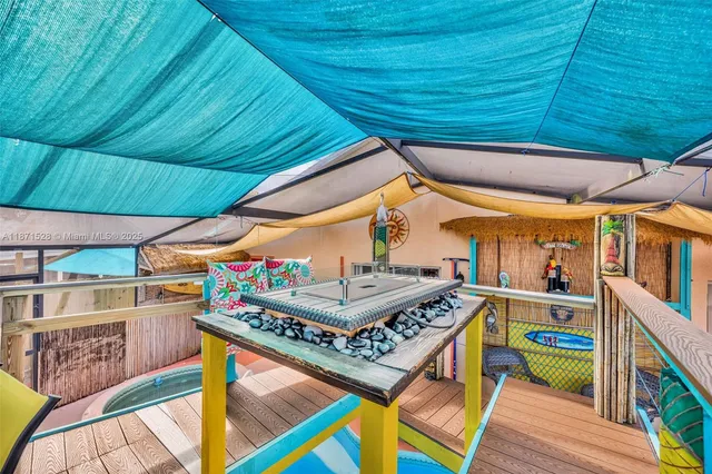 an outdoor space with furniture