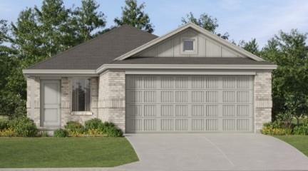 Contemporary single-story residence featuring a two-car garage with paneling, light-colored brick facade, and a dark shingle roof