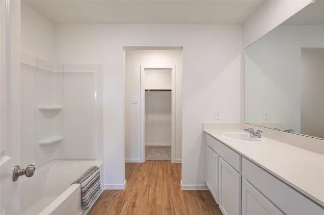 a bathroom with a sink a bathtub and a vanity
