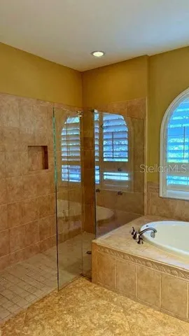 a bathroom with a tub and a shower